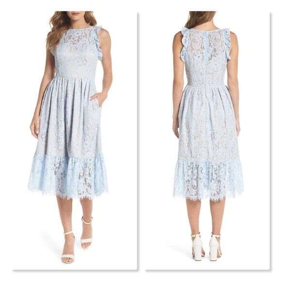 🔅 ELIZA J 🔅 Ruffle Lace Midi Dress - [size 8, light blue] - Picture 1 of 14